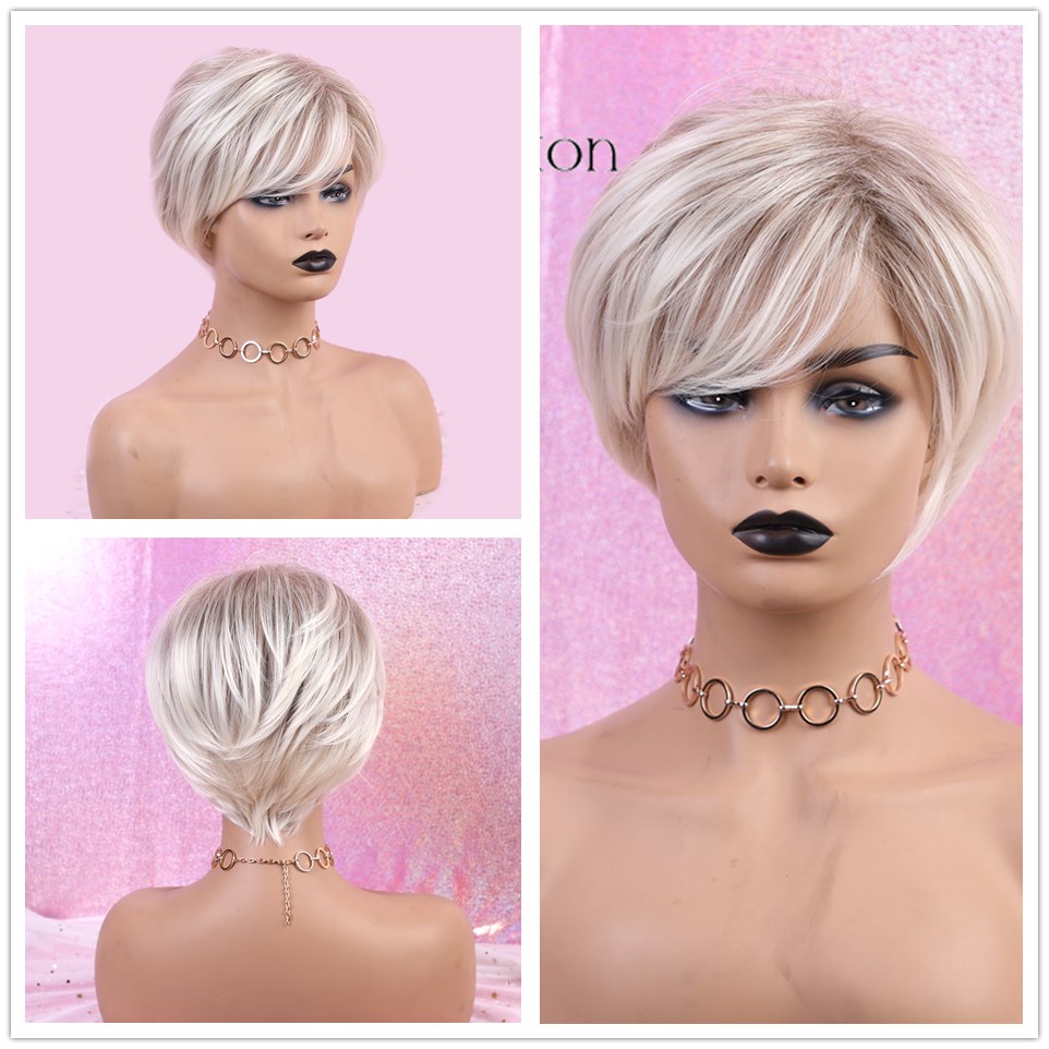 ALAN EATON Short Straight Ombre Brown Blonde Bob Wig With Bangs Synthetic Hair Wig for Women Cosplay Lolita Heat Resistant Fiber ALAN EATON Short Straight Ombre Brown Blonde Bob Wig With Bangs Synthetic Hair Wig for Women Cosplay Lolita Heat Resistant Fiber