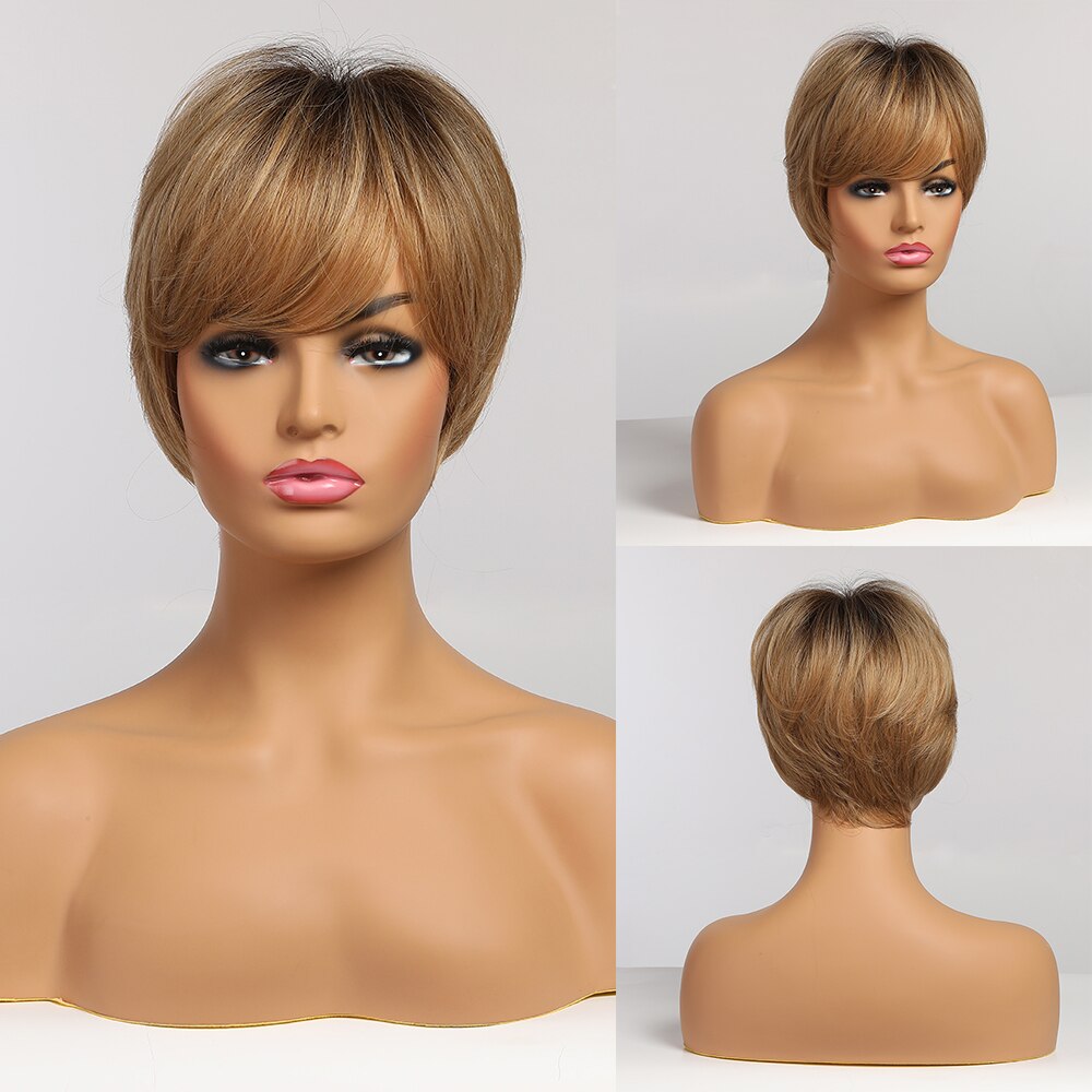 ALAN EATON Short Straight Ombre Brown Blonde Bob Wig With Bangs Synthetic Hair Wig for Women Cosplay Lolita Heat Resistant Fiber ALAN EATON Short Straight Ombre Brown Blonde Bob Wig With Bangs Synthetic Hair Wig for Women Cosplay Lolita Heat Resistant Fiber