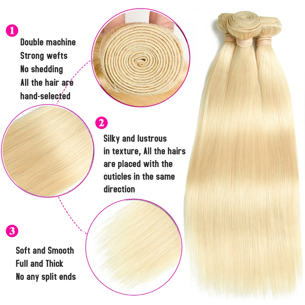 Honey Blonde Bundles With Frontal Brazilian Remy Straight Human Hair Bundles With Closure 613 Bundles With Frontal Transparent