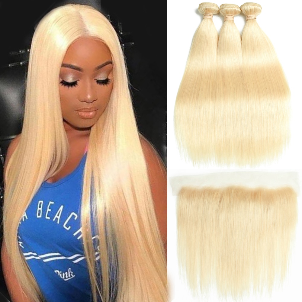 Honey Blonde Bundles With Frontal Brazilian Remy Straight Human Hair Bundles With Closure 613 Bundles With Frontal Transparent