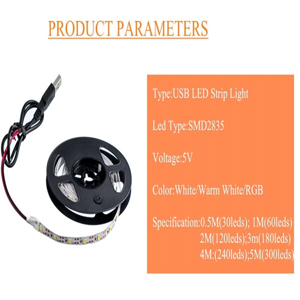 LED Strip Light USB 2835SMD DC5V Flexible LED Lamp Tape Ribbon RGB 0.5M 1M 2M 3M 4M 5M TV Desktop Screen BackLight Diode Tape