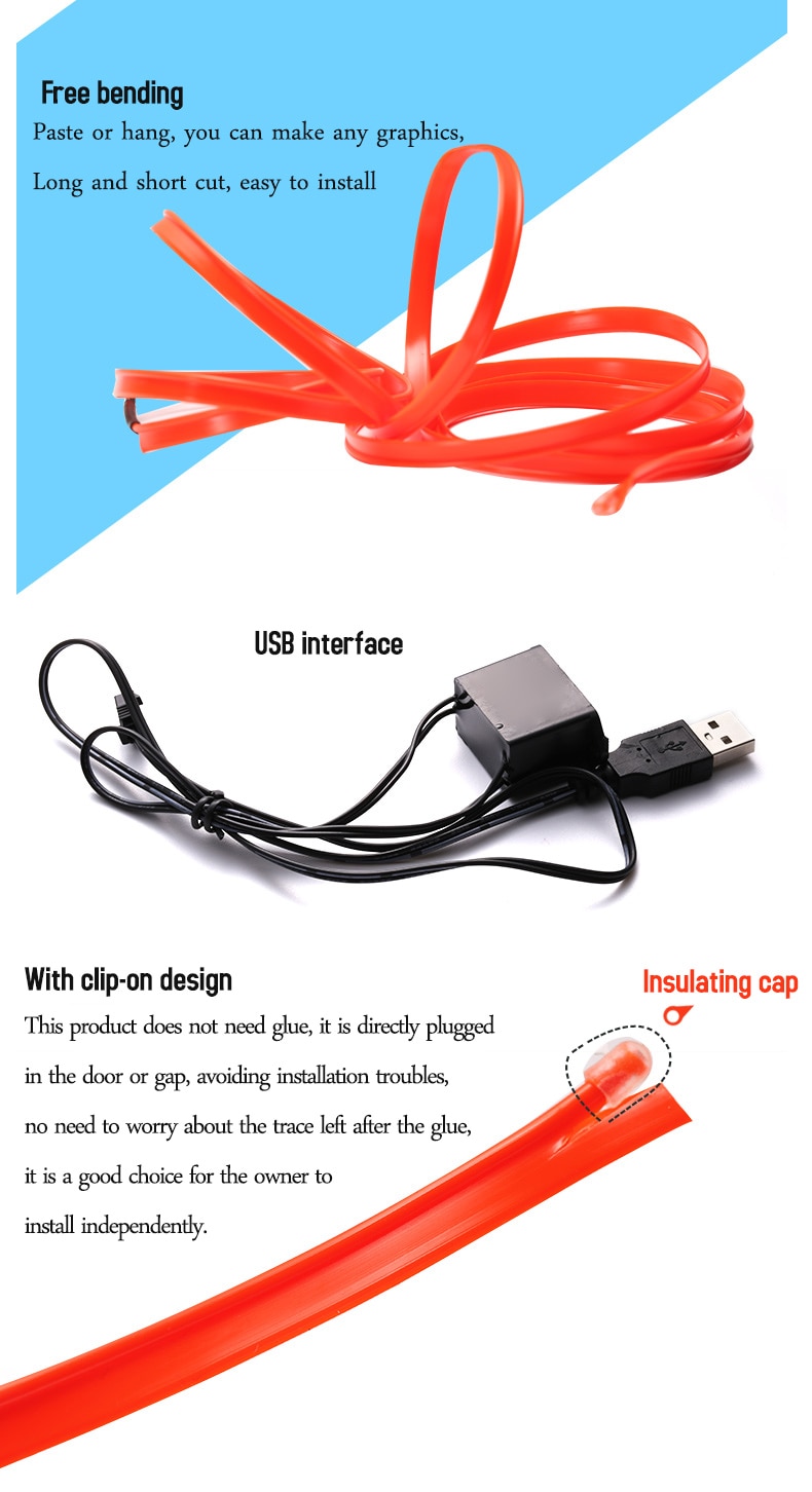 5m car interior accessories atmosphere lamp EL cold light line with USB DIY Decorative Dash board Console Auto LED Ambient Light