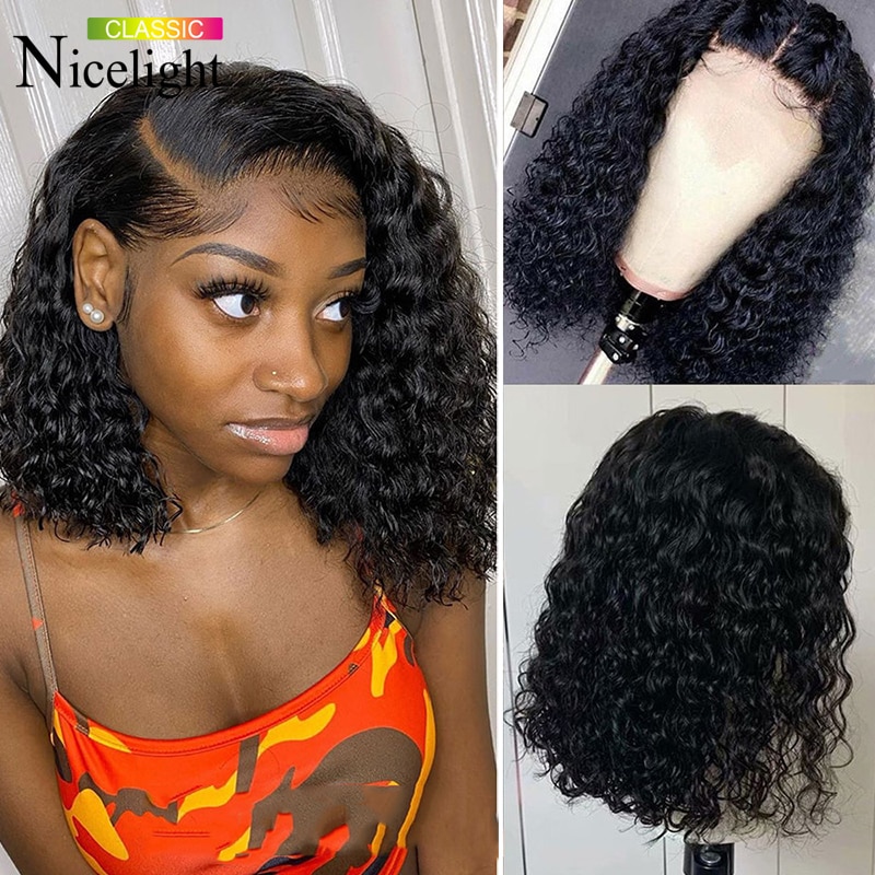Nicelight Short Lace Closure Wigs Wet and Wavy Brazilian 4×4 Curly Lace Wigs For Black Women Deep Wave Bob Human Hair Wigs Nicelight Short Lace Closure Wigs Wet and Wavy Brazilian 4x4 Curly Lace Wigs For Black Women Deep Wave Bob Human Hair Wigs
